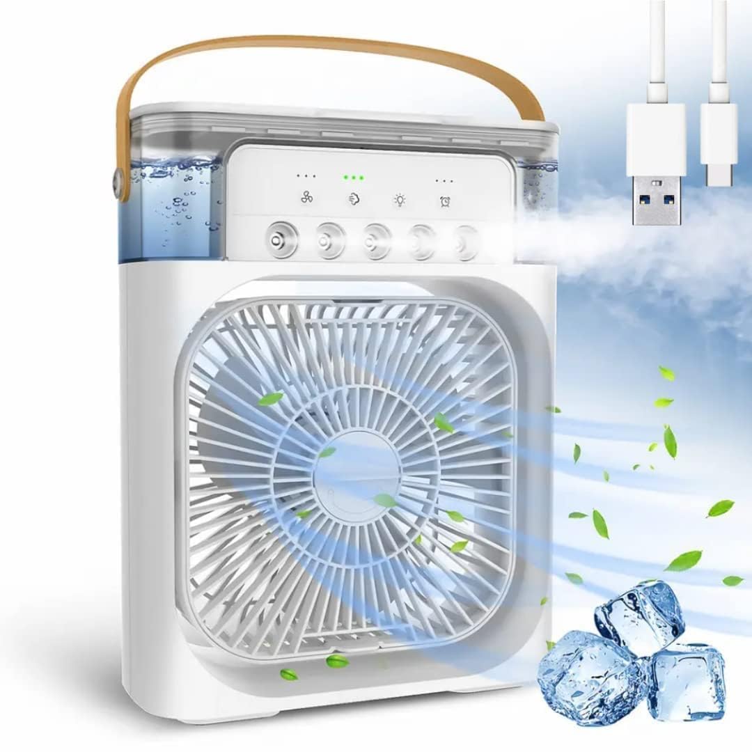 Air Conditioner Fan, 500 ml Water Tank USB Personal Cooler, Mini Humidifier Fan with 7 Colors LED Light, 3 Timer, 3 Wind Speeds, 3 Spray Modes for Office, Home