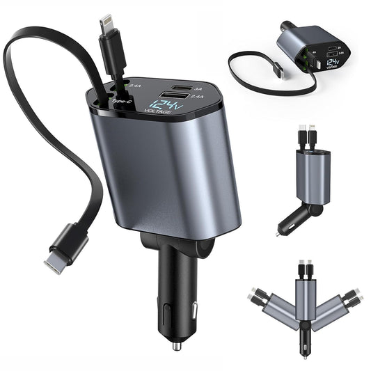 120W Retractable Car Charger, 4 in 1 Fast Charging Phone Charger, Retractable Cable (31.5") and 2 USB Ports Car Charger Adapter Compatible with iPhone 15/14/13/12 Pro