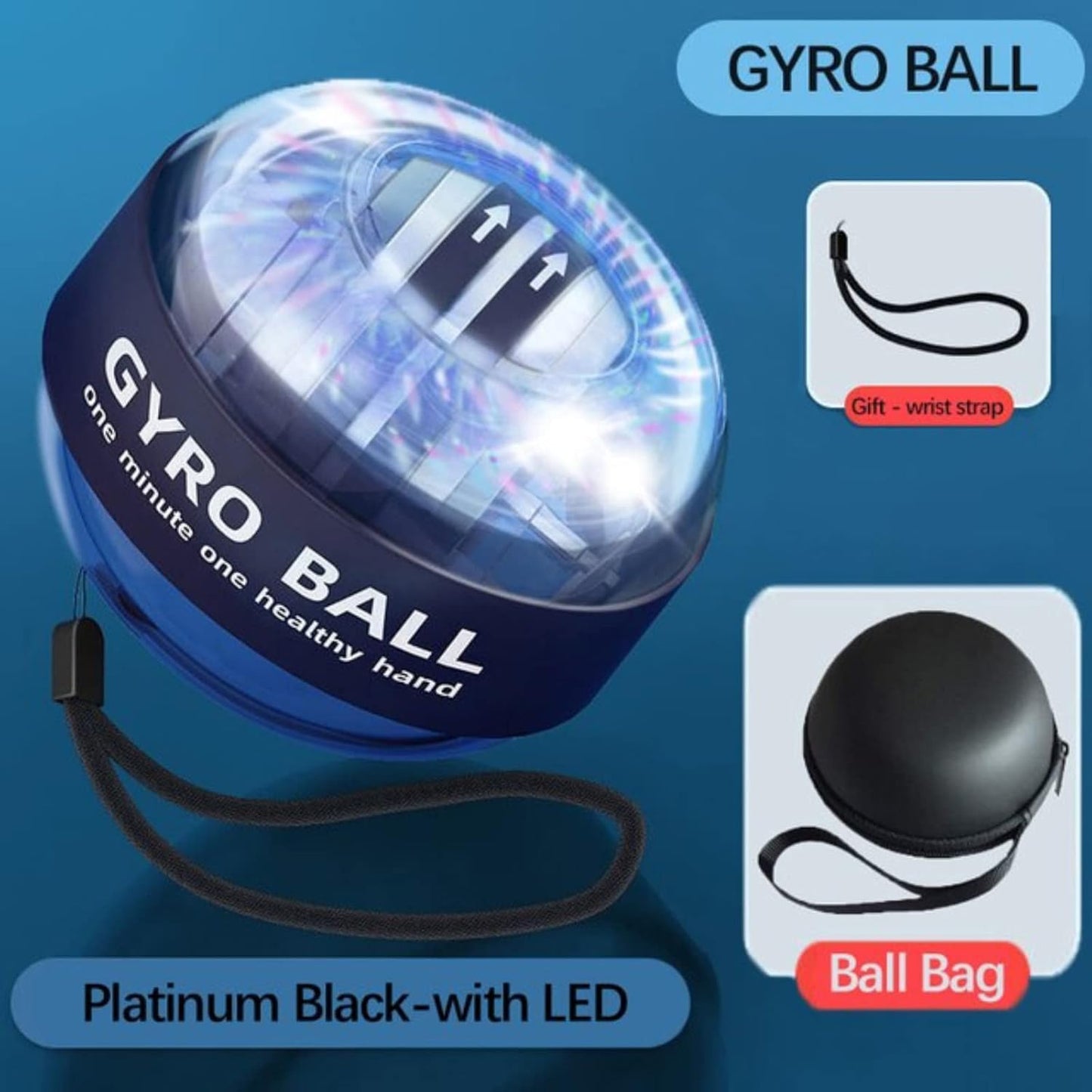 Gyro Ball Wrist Strengthener – Auto Start Forearm Exerciser with Ergonomic Grip – Hand, Finger, Arm Workout for Fitness, Sports, Musicians & Rehab (Bag, Platinum Core, Lights, Black)