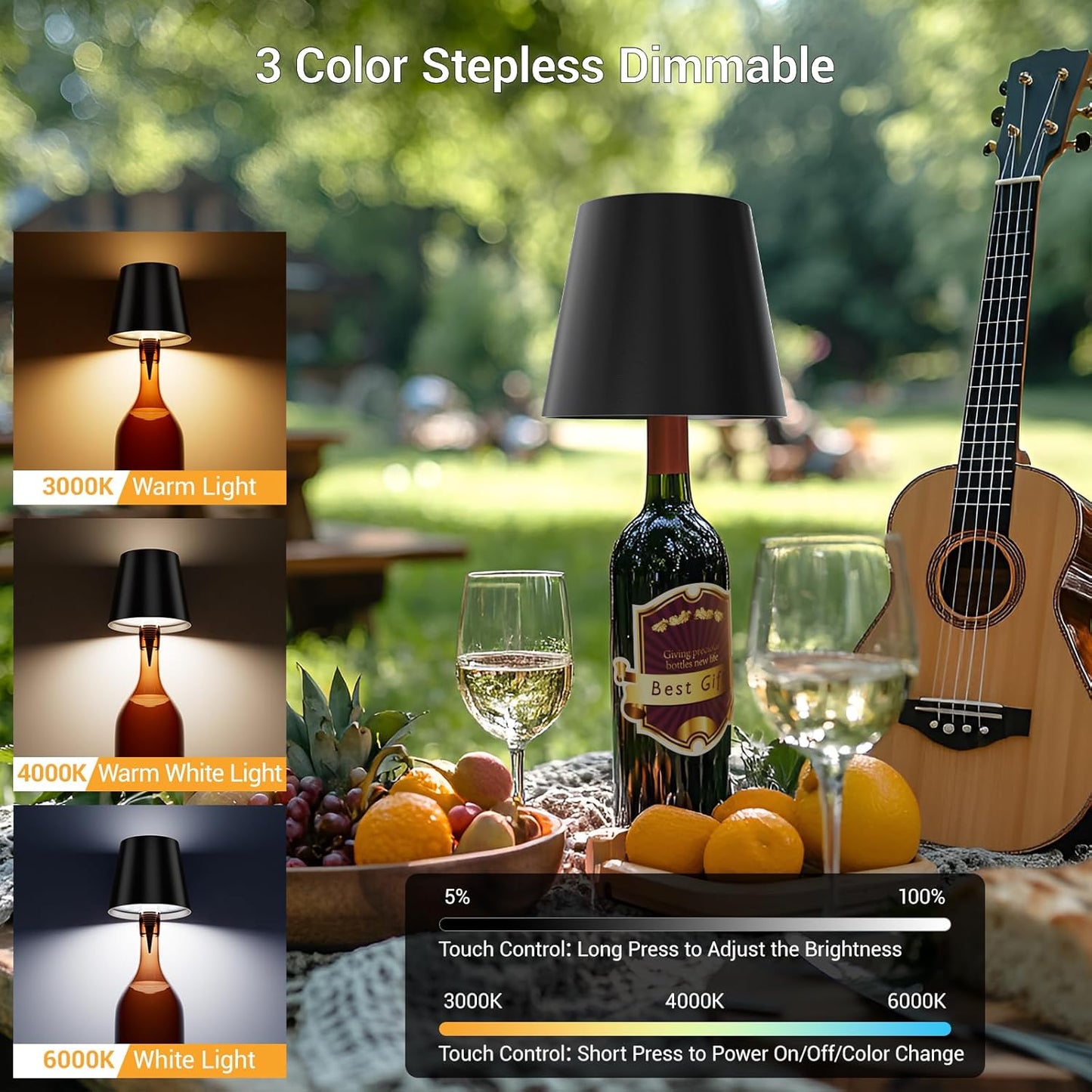 Wine Bottle Lights, Wireless Bottle Lamp Shade with 3 Color Temperature | Stepless Dimming LED Lights for Liquor Bottles | Desk Lamp for Bedroom Restaurant Bar | Rechargeable - Black, Pack of 1