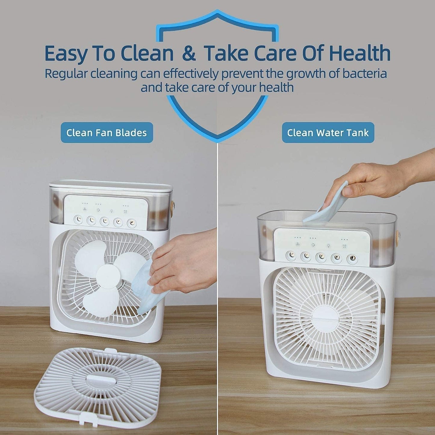 Air Conditioner Fan, 500 ml Water Tank USB Personal Cooler, Mini Humidifier Fan with 7 Colors LED Light, 3 Timer, 3 Wind Speeds, 3 Spray Modes for Office, Home