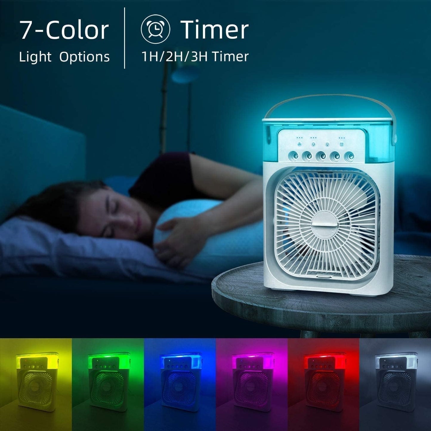 Air Conditioner Fan, 500 ml Water Tank USB Personal Cooler, Mini Humidifier Fan with 7 Colors LED Light, 3 Timer, 3 Wind Speeds, 3 Spray Modes for Office, Home