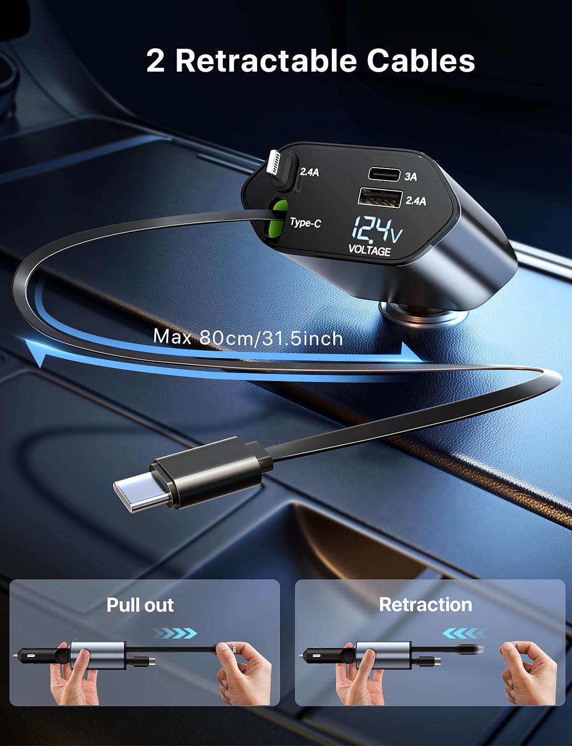 120W Retractable Car Charger, 4 in 1 Fast Charging Phone Charger, Retractable Cable (31.5") and 2 USB Ports Car Charger Adapter Compatible with iPhone 15/14/13/12 Pro