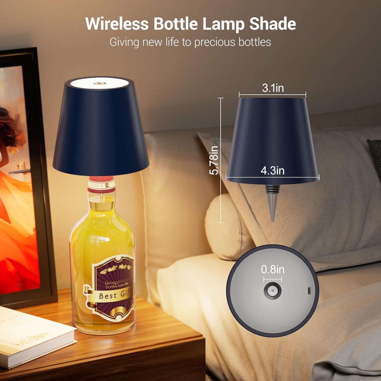Wine Bottle Lights, Wireless Bottle Lamp Shade with 3 Color Temperature | Stepless Dimming LED Lights for Liquor Bottles | Desk Lamp for Bedroom Restaurant Bar | Rechargeable - Black, Pack of 1