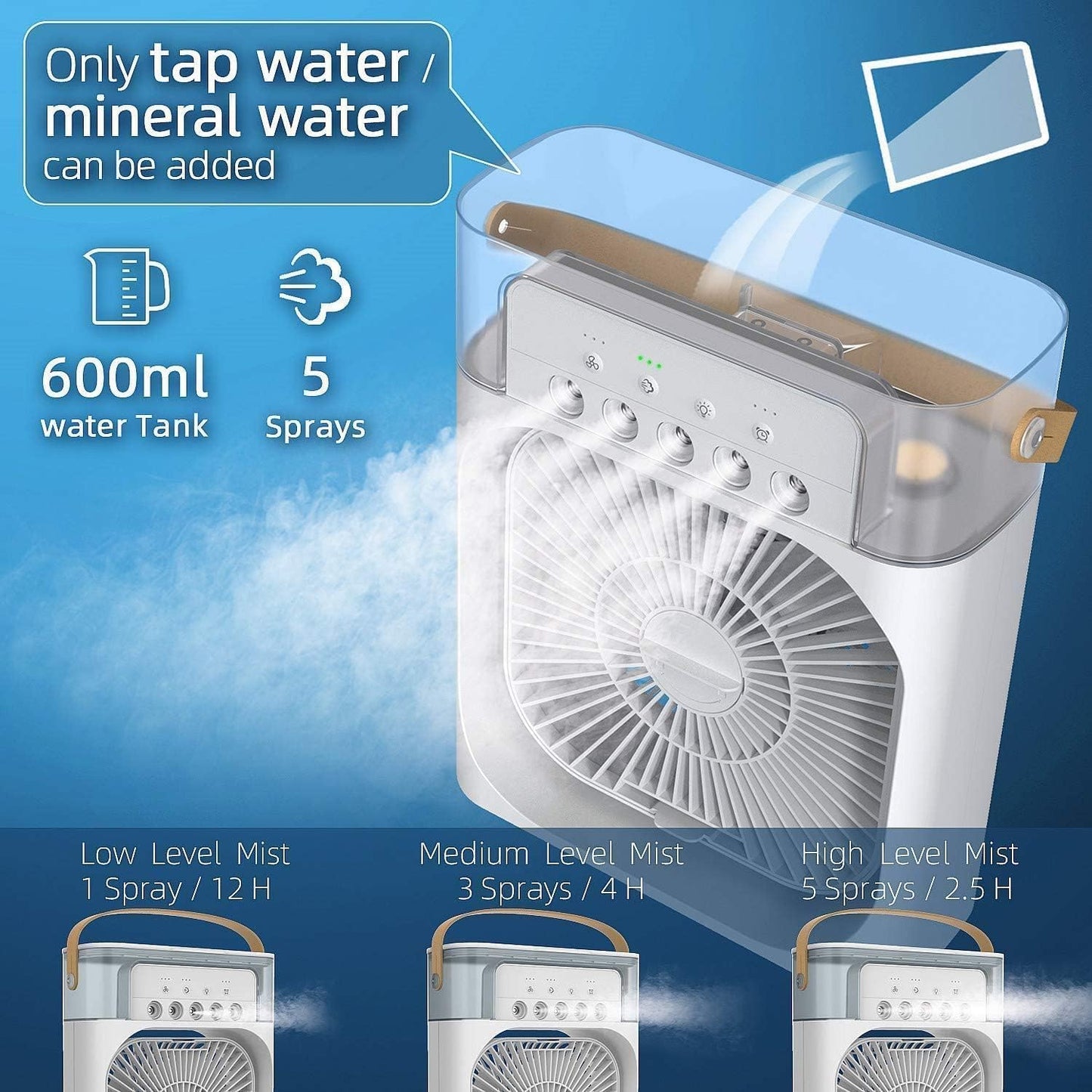 Air Conditioner Fan, 500 ml Water Tank USB Personal Cooler, Mini Humidifier Fan with 7 Colors LED Light, 3 Timer, 3 Wind Speeds, 3 Spray Modes for Office, Home