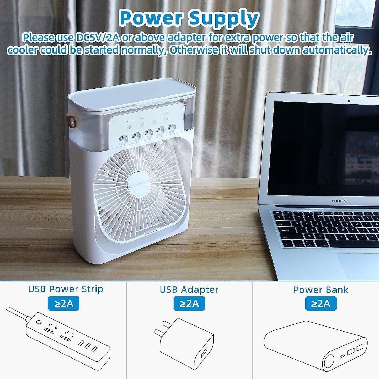Air Conditioner Fan, 500 ml Water Tank USB Personal Cooler, Mini Humidifier Fan with 7 Colors LED Light, 3 Timer, 3 Wind Speeds, 3 Spray Modes for Office, Home