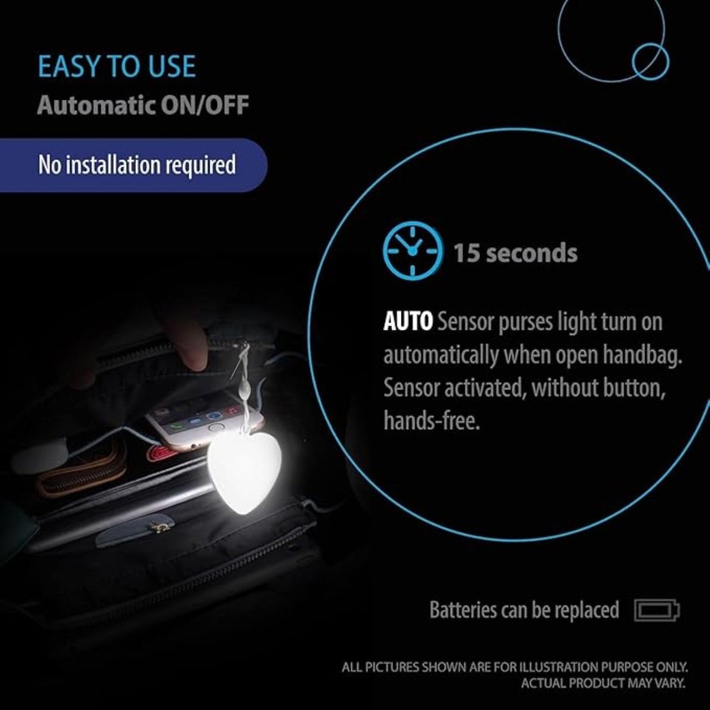 Heart Shaped LED Purse Light Keychain | Automatic Sensor Handbag Light | Mini Touch Activated Purse Lamp | Cute Heart Keychain for Women & Girls (A1)