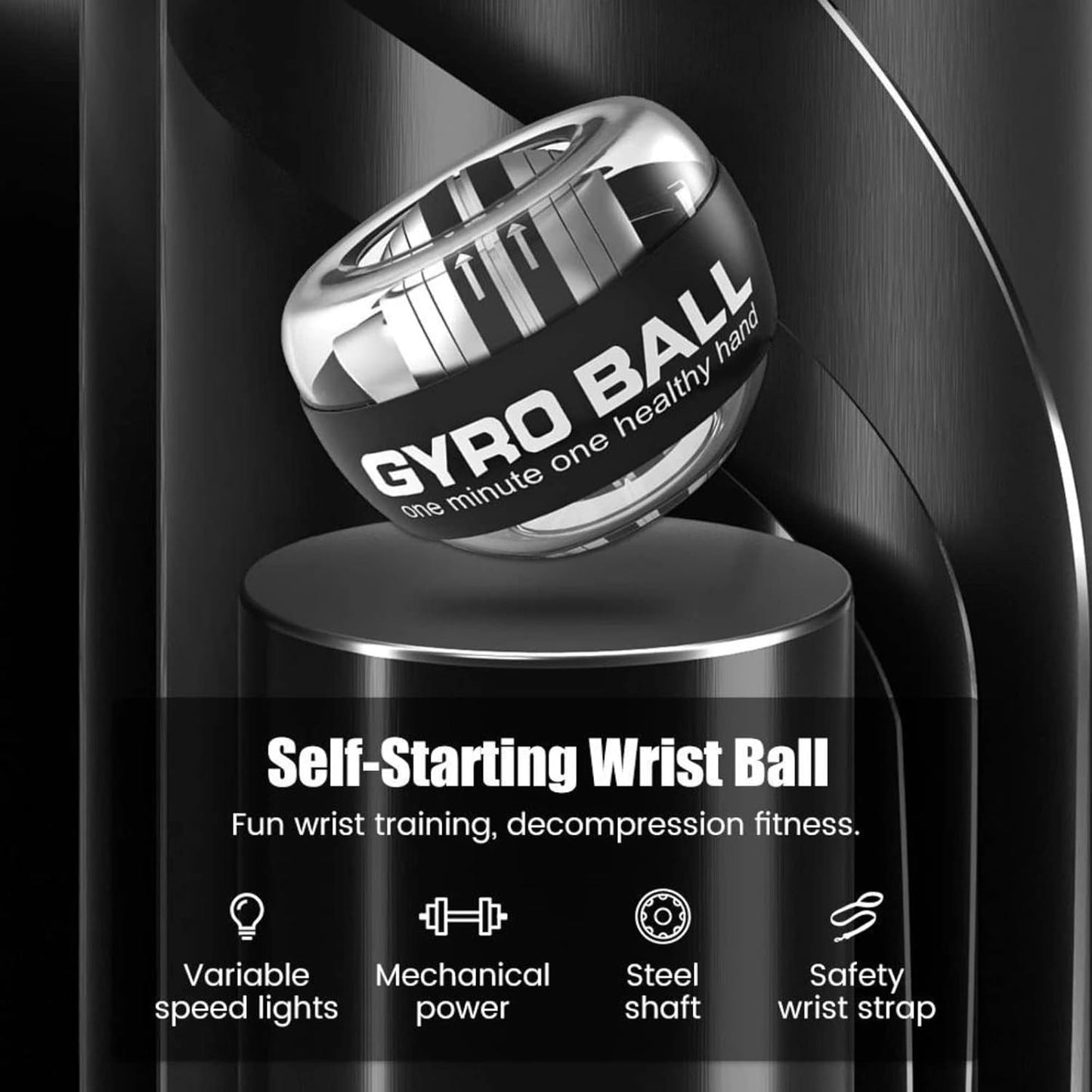 Gyro Ball Wrist Strengthener – Auto Start Forearm Exerciser with Ergonomic Grip – Hand, Finger, Arm Workout for Fitness, Sports, Musicians & Rehab (Bag, Platinum Core, Lights, Black)