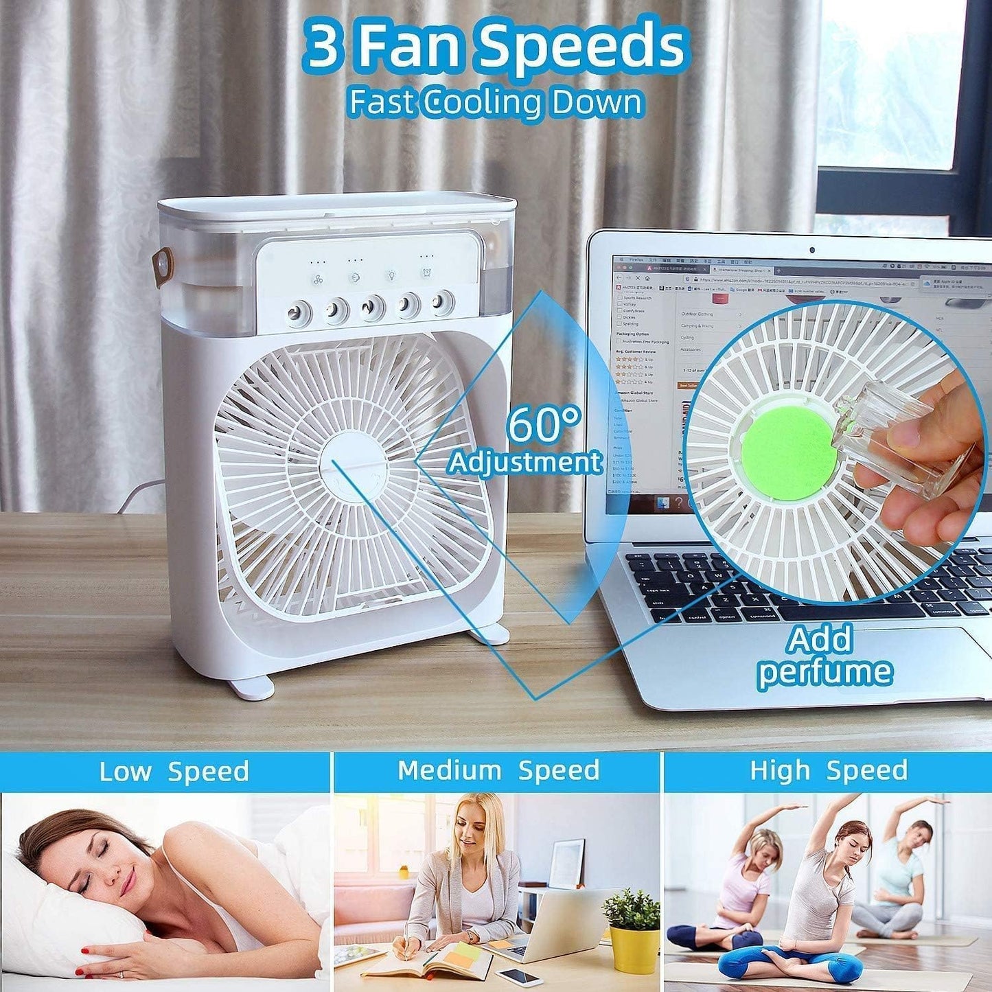 Air Conditioner Fan, 500 ml Water Tank USB Personal Cooler, Mini Humidifier Fan with 7 Colors LED Light, 3 Timer, 3 Wind Speeds, 3 Spray Modes for Office, Home