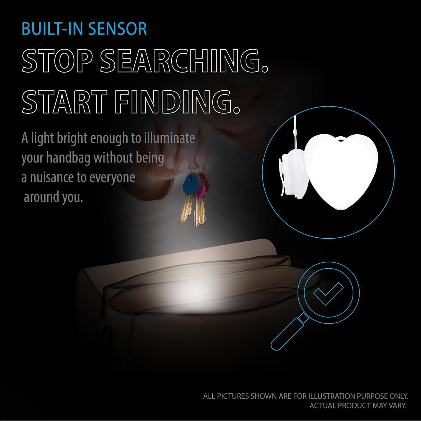 Deke Home Women'S Purse Heart Led Light,Handbag Illuminator,Automatic Motion Sensor. Jewel Case,white