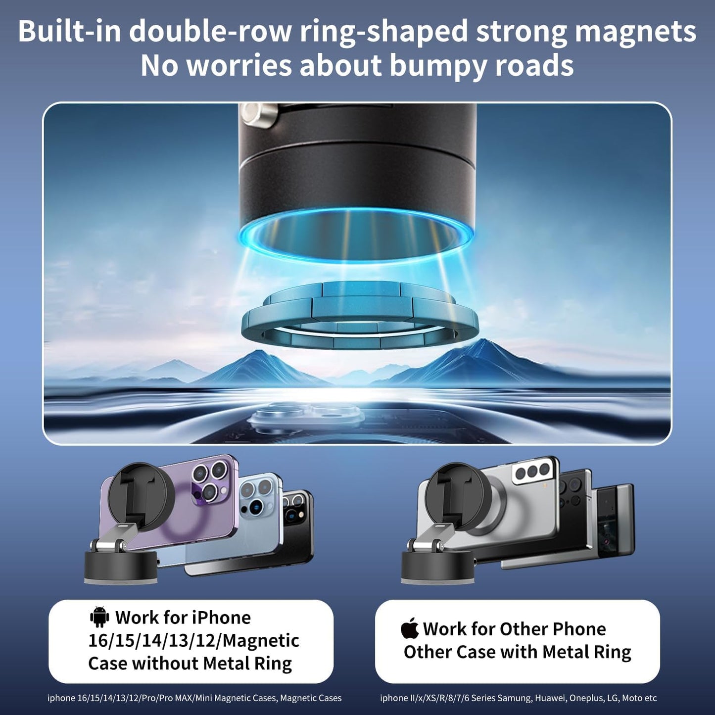 Vacuum Suction Magnetic Smartphones Holder for Car, Foldable Mobile Holder with Secure Grip Compatible with Mag Safe Car Mount, Windshield, Dashboard, Office Desk, Mirror (Blk)