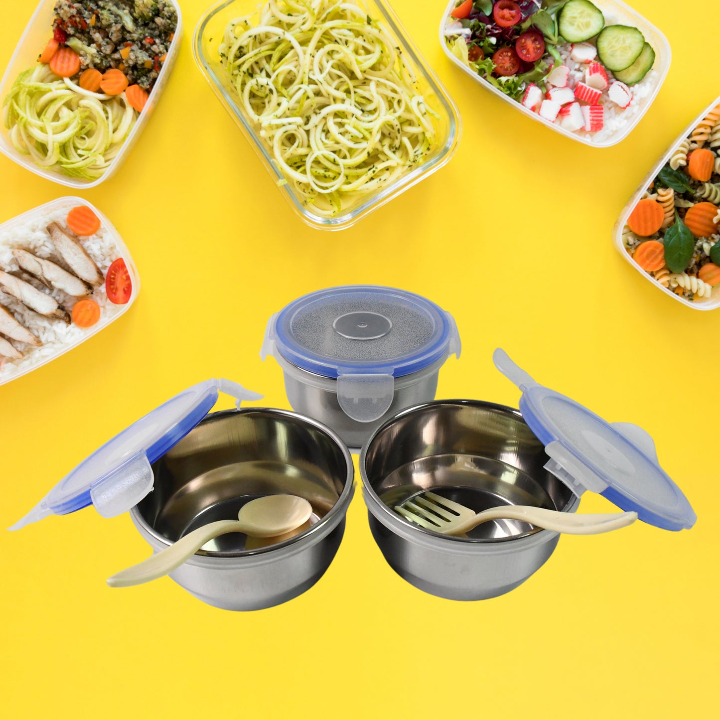 2201 Compact Stainless Steel Airtight Lunch Box Set - 4 Pcs (3 Leakproof Containers And 1 Bottle)